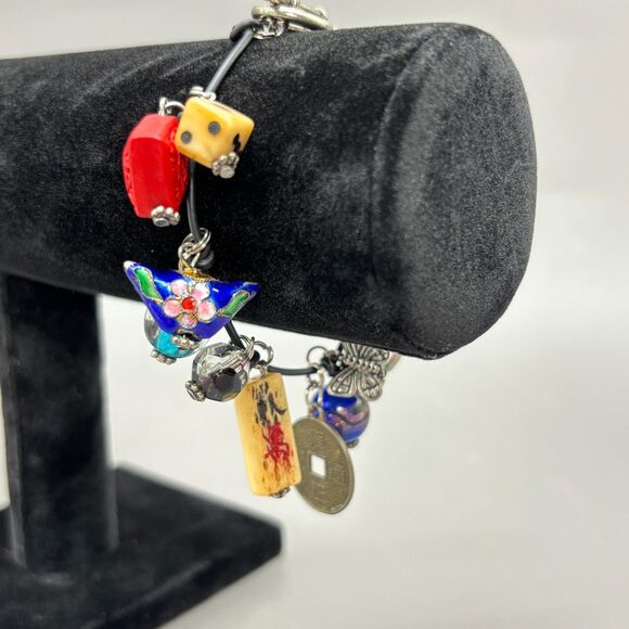 Asian Inspired Charm Bracelet Cloisonné Bone Dice Resin Cinnabar Glass Coin '70s - Picture 11 of 12